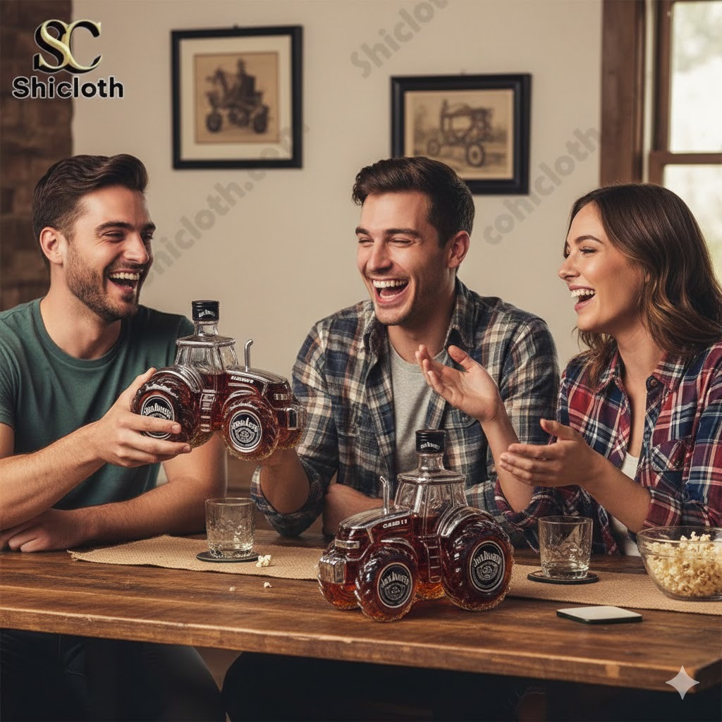 Three friends laughing at a table holding a tractor shaped whiskey decanter.