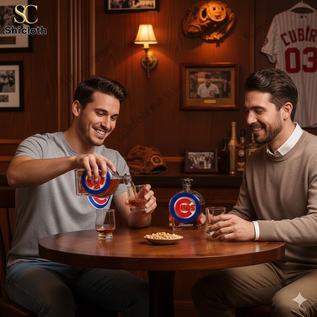 Two men pouring Chicago Cubs themed whiskey at a wooden table in a sports bar setting!