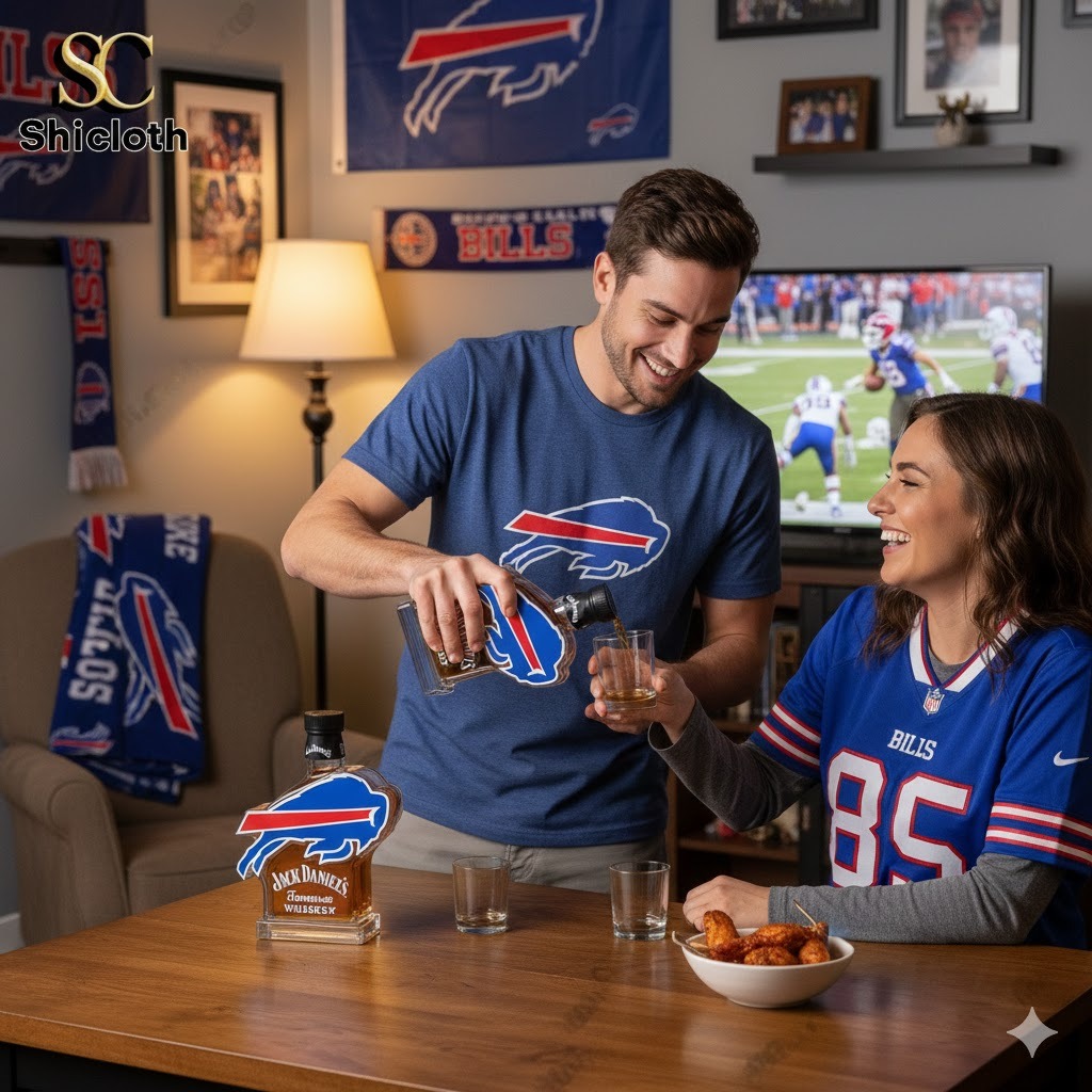 Couple in Buffalo Bills shirts pouring whiskey from buffalo shaped bottle at home!