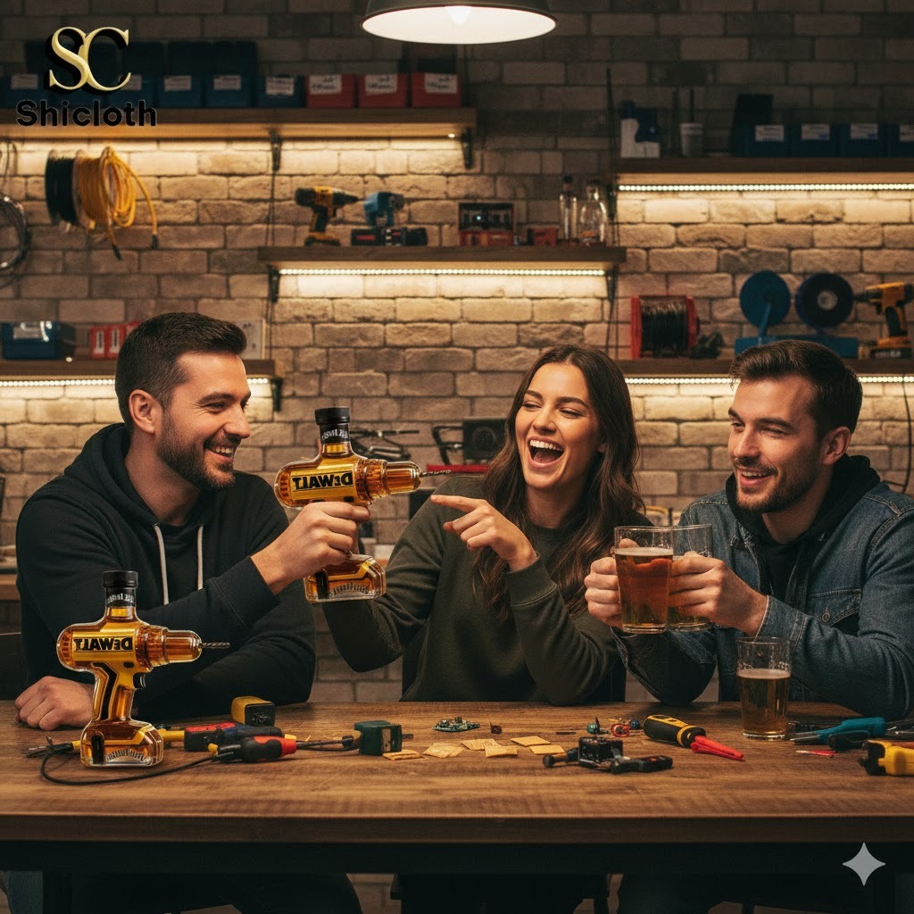 Three friends laughing at a bar holding drill shaped whiskey bottles