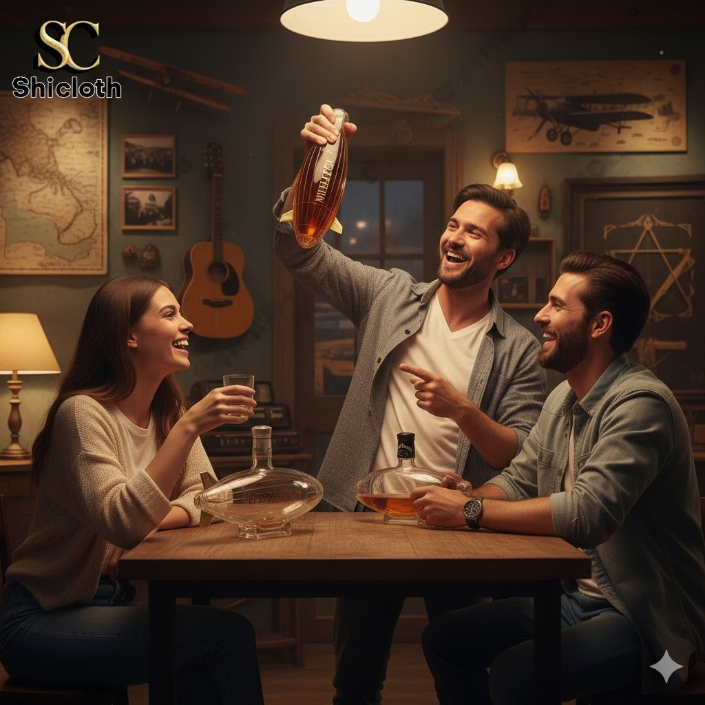 Three friends laughing and holding a whiskey bottle at a cozy table.