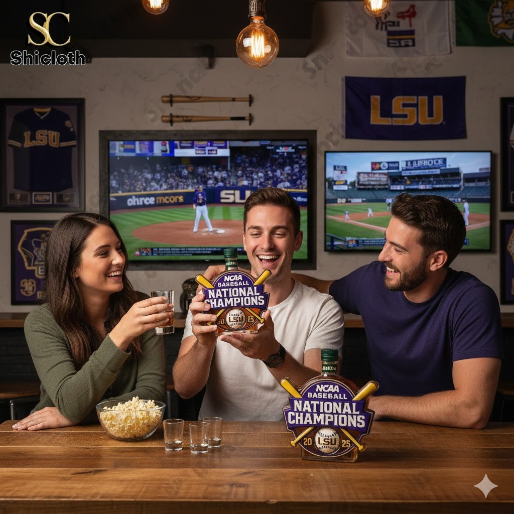 Three friends celebrating with an LSU NCAA Baseball National Champions bottle.