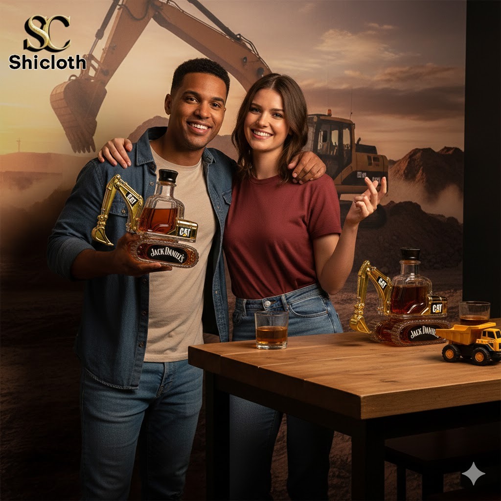 Couple posing with excavator shaped whiskey bottle at Shiclothg shop!