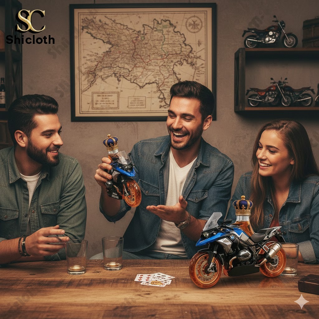 Three friends smiling at a table with a BMW R1250 GS whiskey bottle model by Shiclothg!