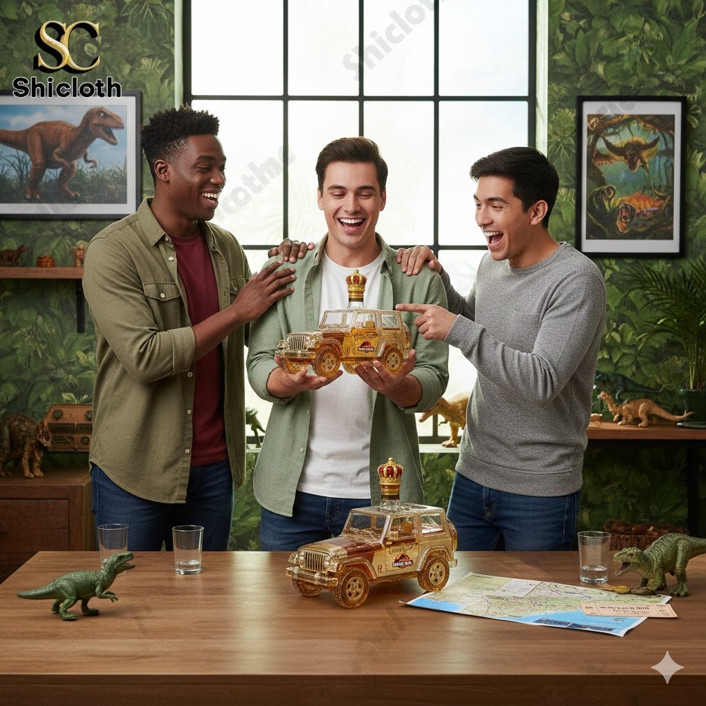Three men holding a Jurassic Park jeep shaped whiskey bottle in a dinosaur themed room.