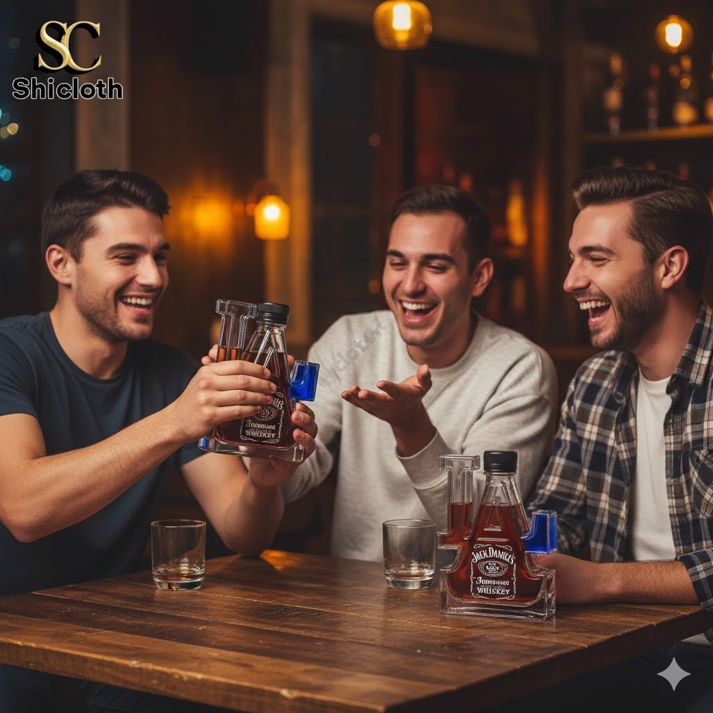 Three friends laughing at a bar holding an LA shaped whiskey bottle.