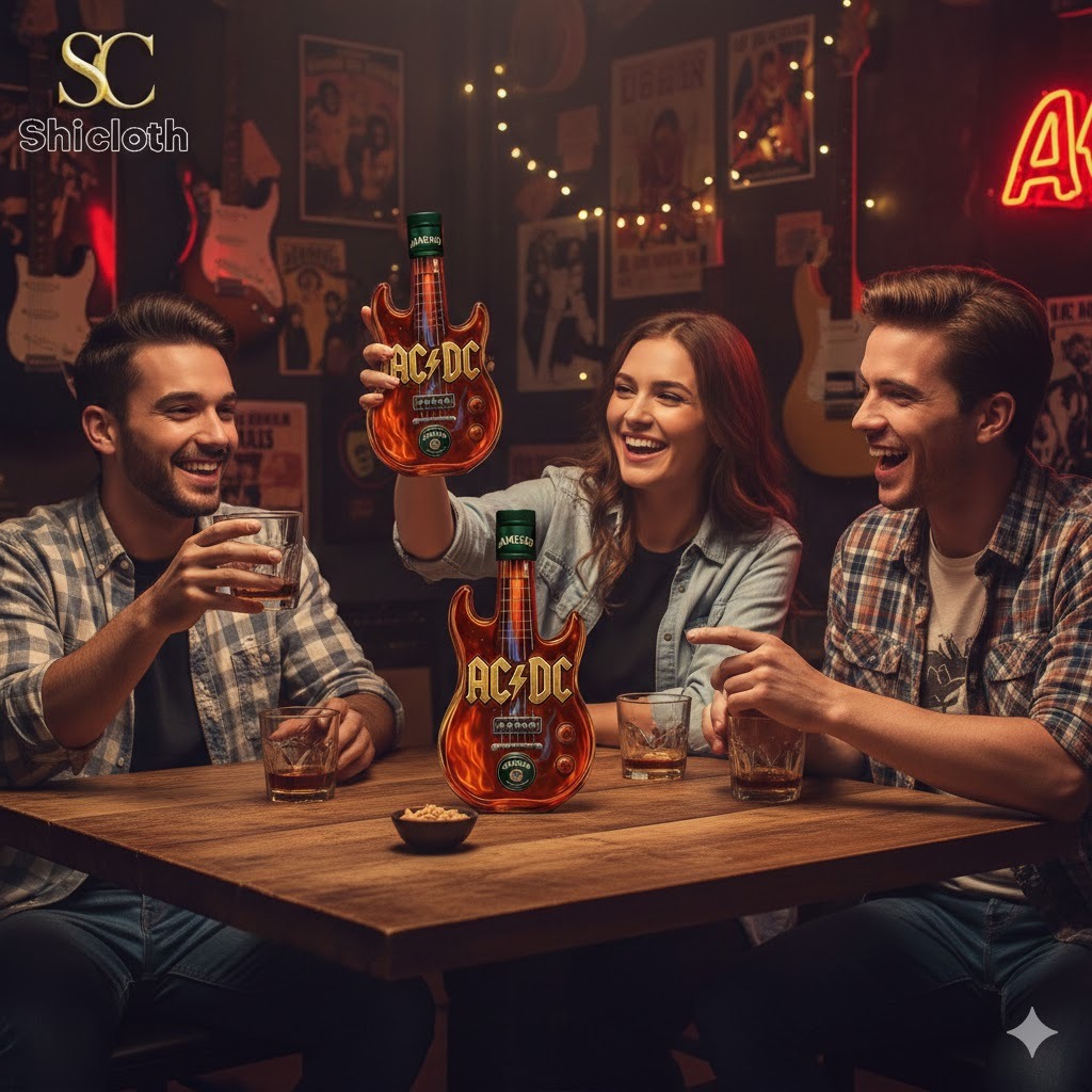 Friends holding AC DC guitar shaped whiskey bottle in bar
