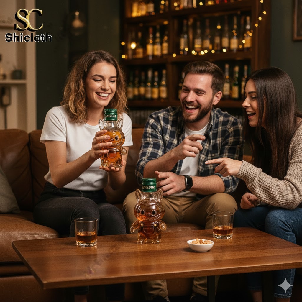 Three friends laughing in a bar while holding a cute character shaped whiskey bottle.