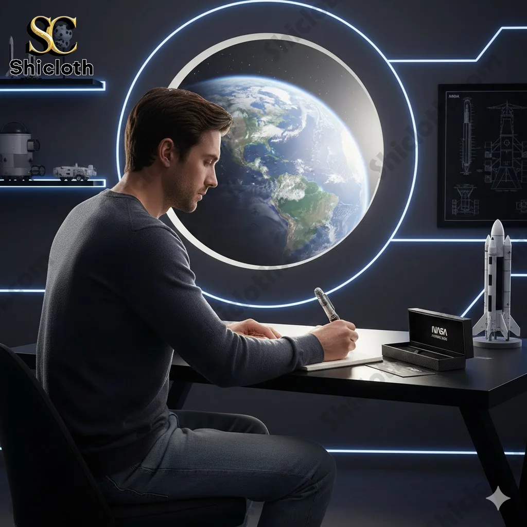 Man writing with NASA Artemis pen at desk with Earth display behind him.