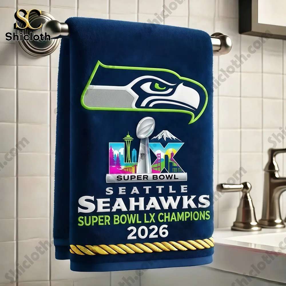 Seattle Seahawks Super Bowl championship towel hanging on a bathroom rack!