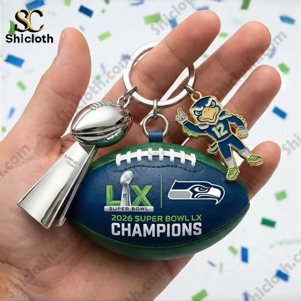 Seattle Seahawks Super Bowl LX Champions football keychain with trophy charm and confetti background!