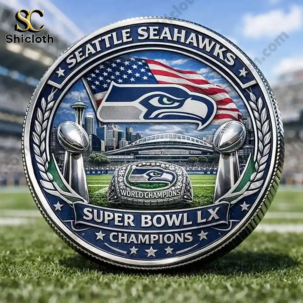 Seattle Seahawks Super Bowl LX Champions commemorative coin with team logo and Seattle skyline