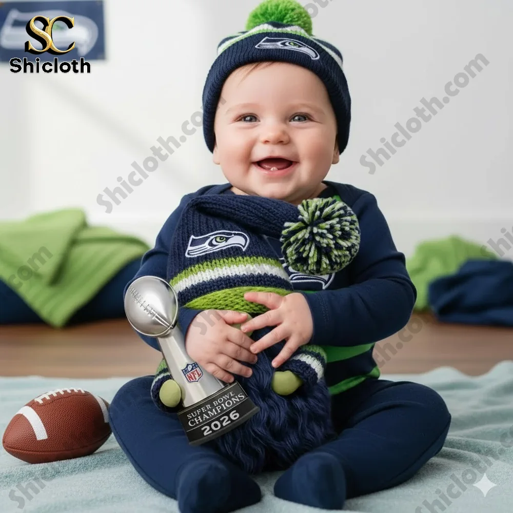 Baby wearing team hat and scarf holding a champion trophy!