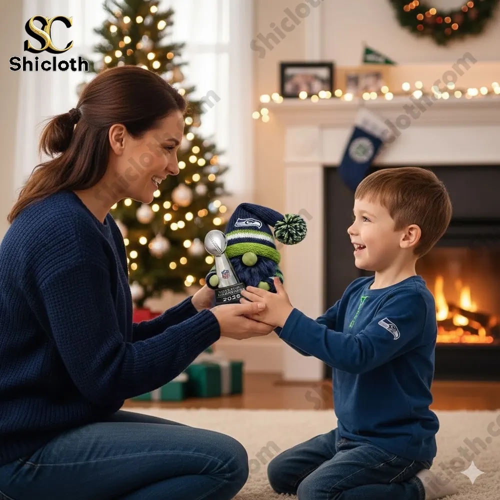 Mother giving child a team gnome trophy gift near a Christmas tree!