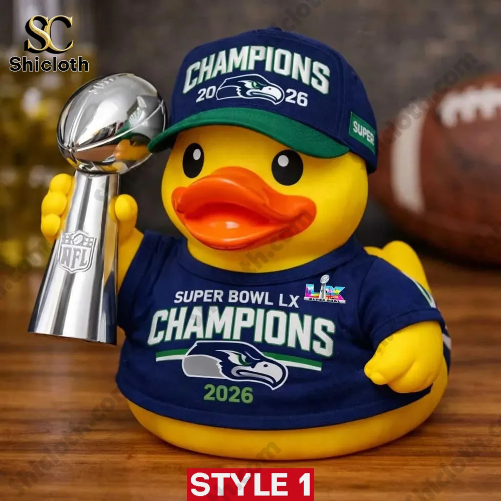 Seattle Seahawks Champions 2026 rubber duck holding Super Bowl trophy Style 1