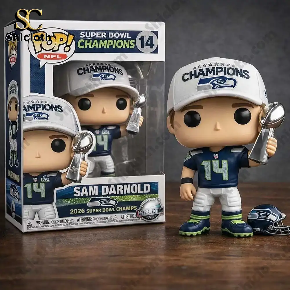 Seattle Seahawks champion vinyl figure holding trophy beside retail box!