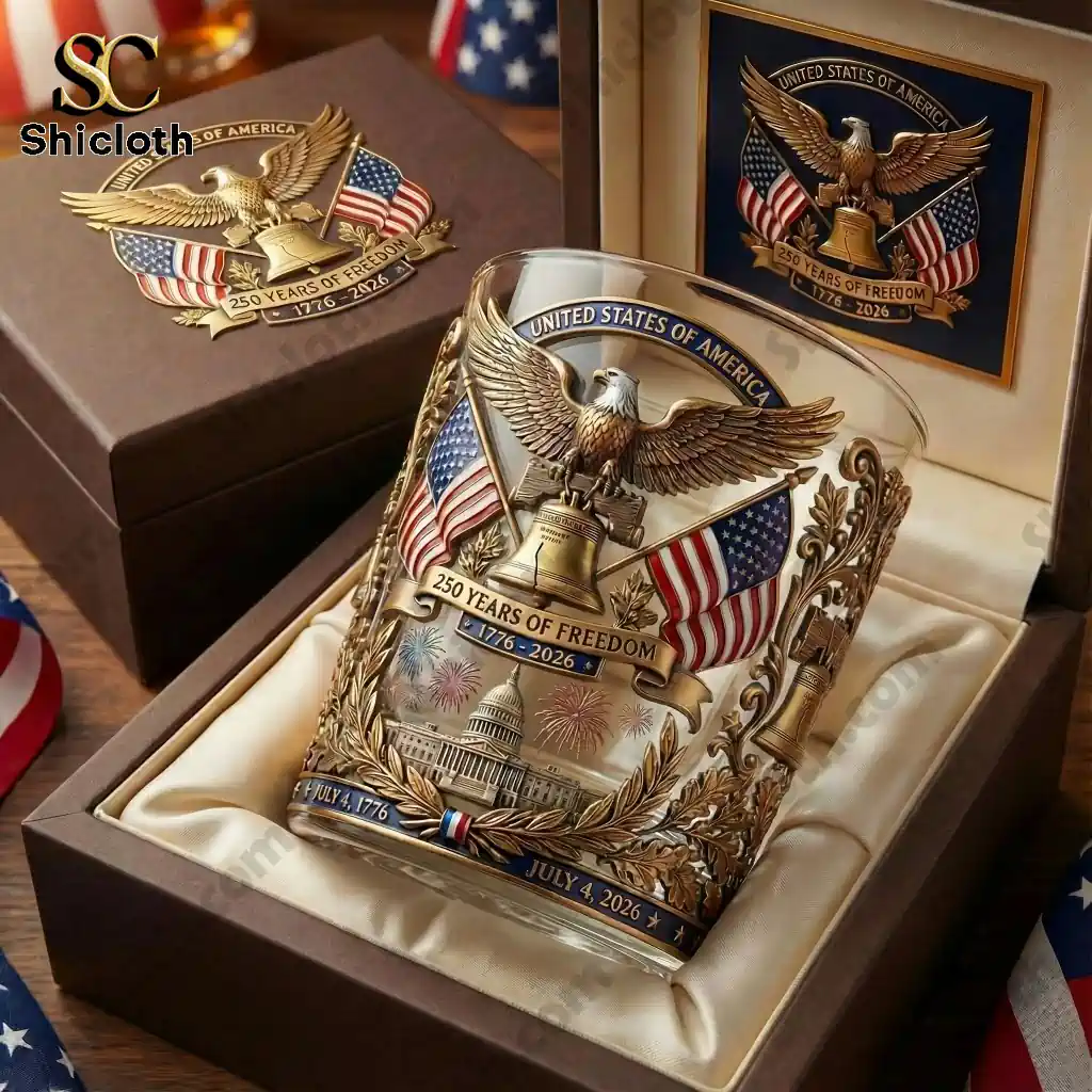 Close up of 250 Years of Freedom commemorative whiskey glass in premium gift box by Shiclothg!