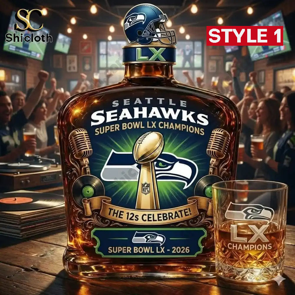 Seattle Seahawks We Are 12 Super Bowl Pen 6 Seattle Seahawks Super Bowl LX Champions whiskey bottle with microphone and football icon, celebrating the 2026 victory.