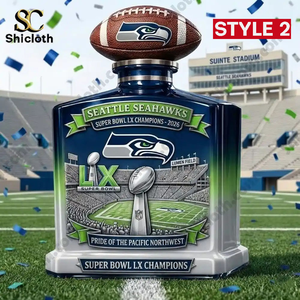 Seattle Seahawks Super Bowl LX Champions whiskey bottle with football top and Lumen Field graphic for 2026 victory.