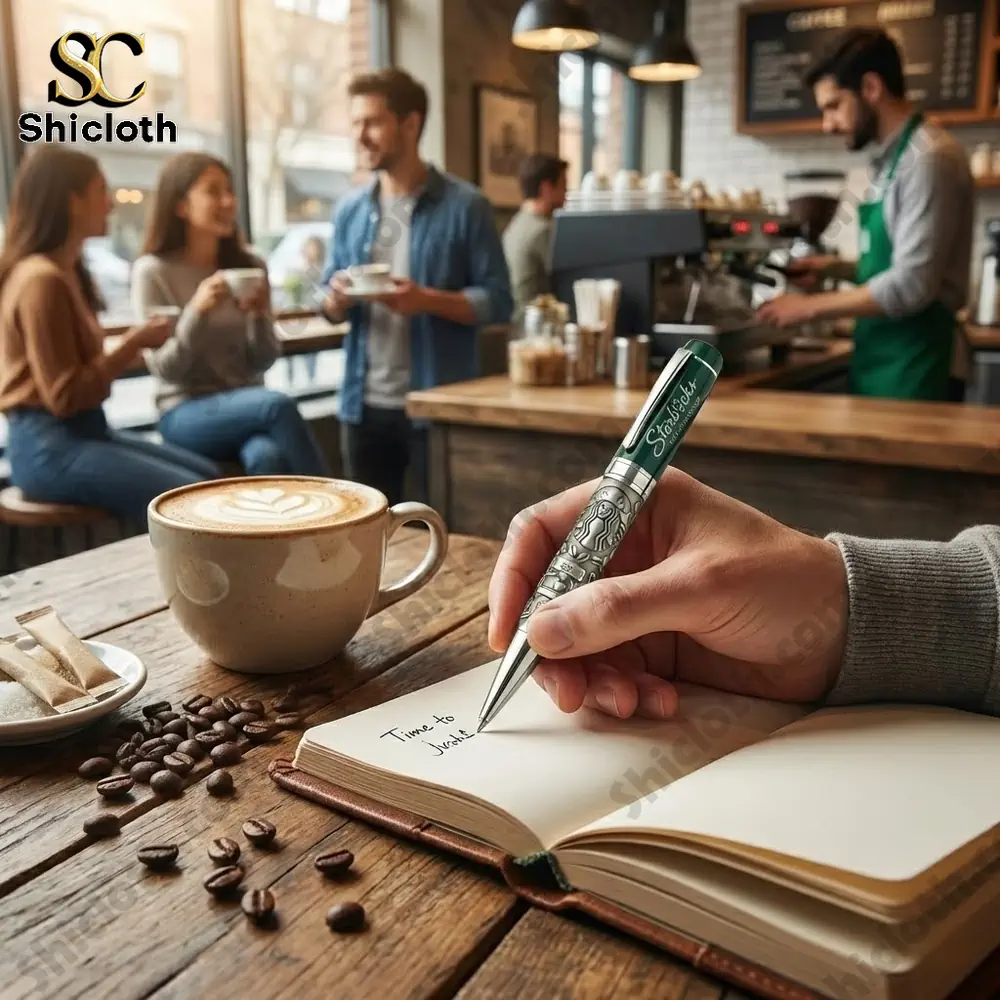 Hand holding Shicloth coffee themed pen beside a cup in a cafe setting!