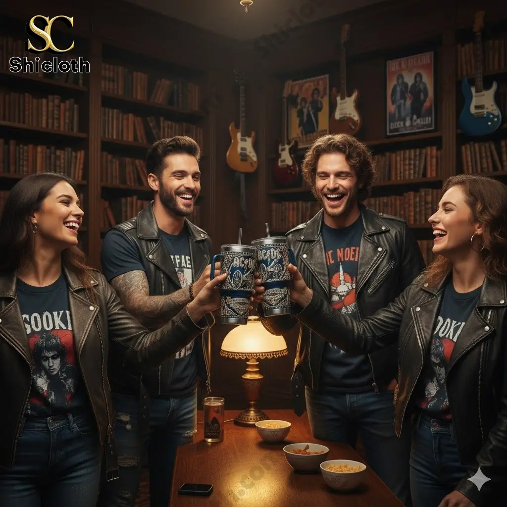 Friends toasting with AC DC For Those About To Rock We Salute You tumbler in a vintage music library setting!