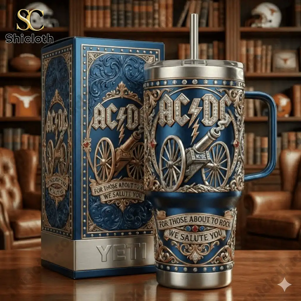 Close up of AC DC For Those About To Rock We Salute You tumbler with ornate box design!