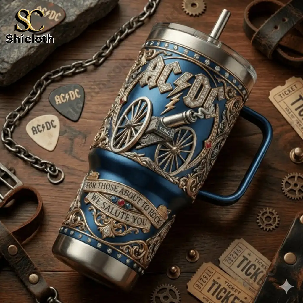 AC DC For Those About To Rock We Salute You Tumbler 3 AC DC For Those About To Rock We Salute You tumbler placed on wooden table with rock accessories!