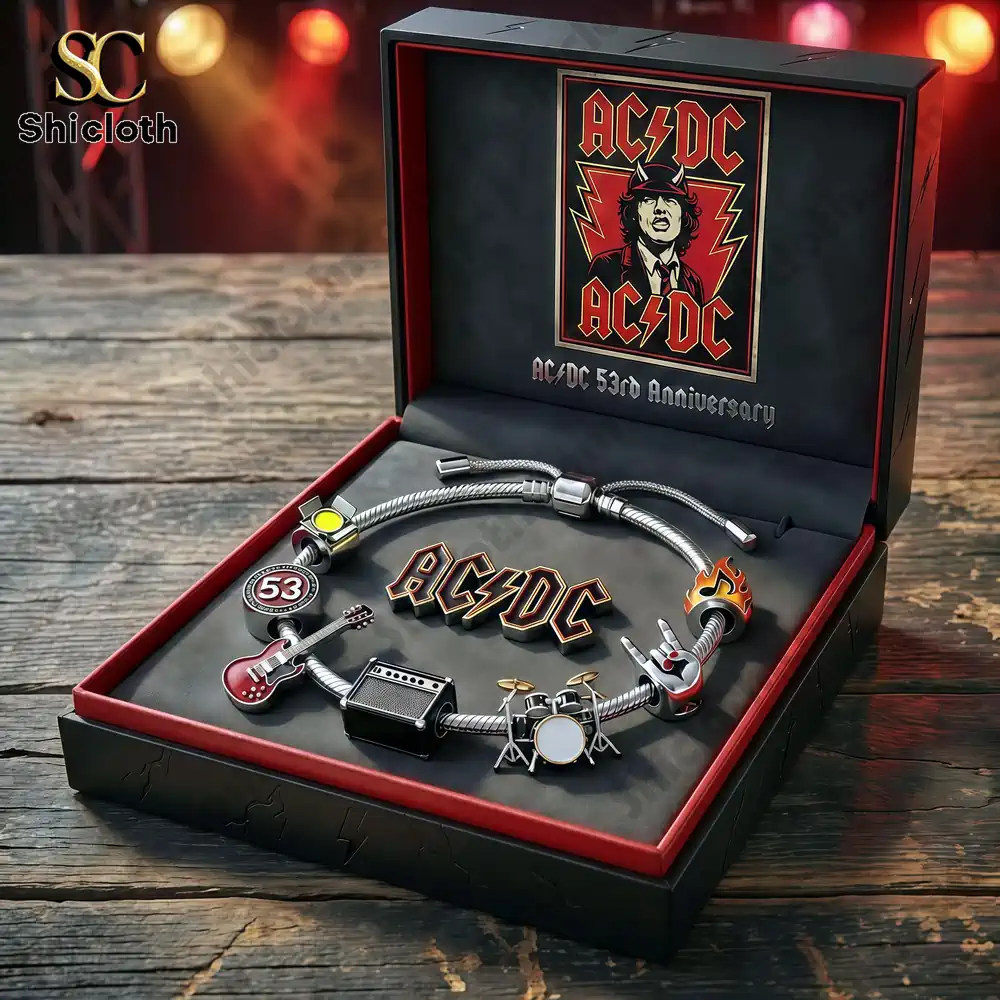 AC DC themed bracelet set displayed inside a commemorative gift box!