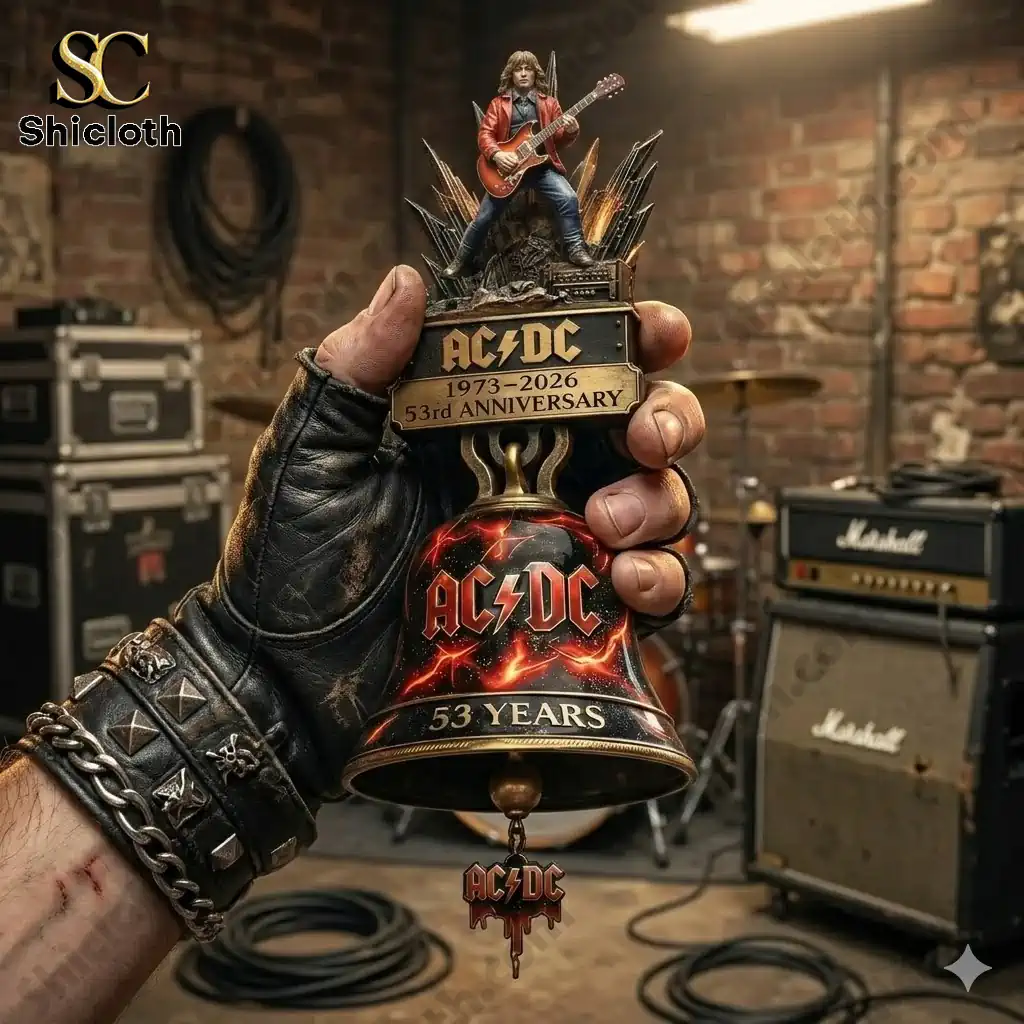 Hand holding ACDC Fifty Three Years commemorative wall bell in music studio!