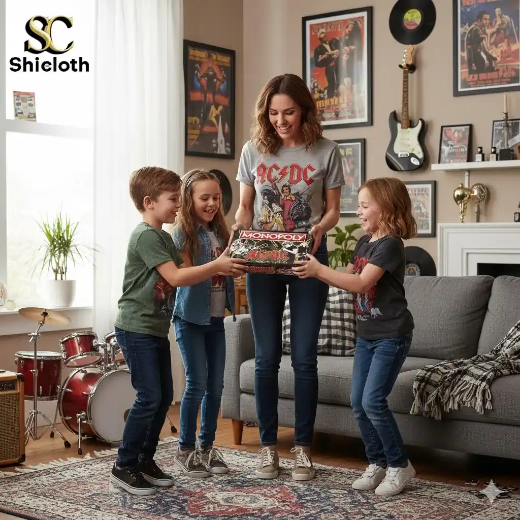 Mother and three kids holding an ACDC Monopoly board game box in a music themed living room