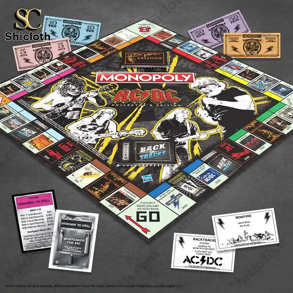ACDC Monopoly collectors edition board game set with themed money and cards displayed
