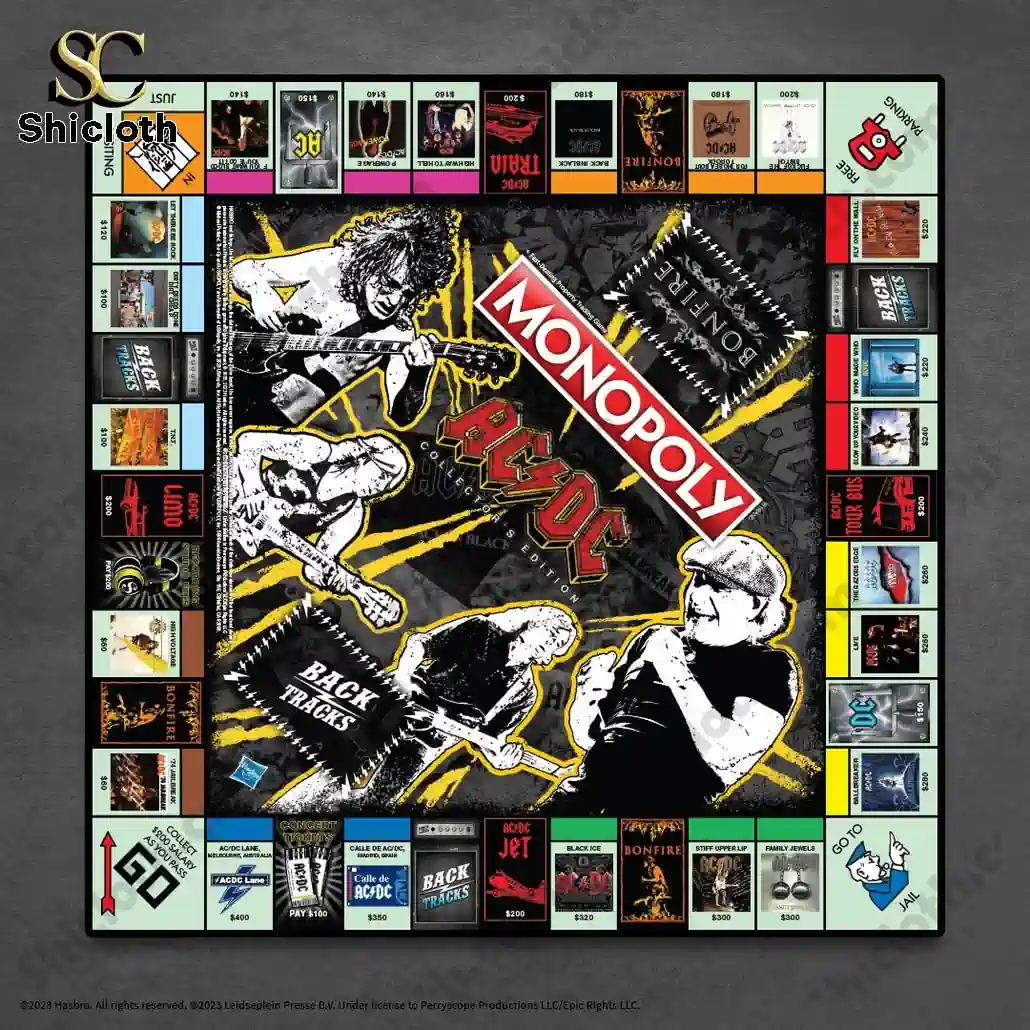 ACDC Back in Black Edition Monopoly Game 4 Top view of the ACDC Monopoly collectors edition board with all themed spaces visible