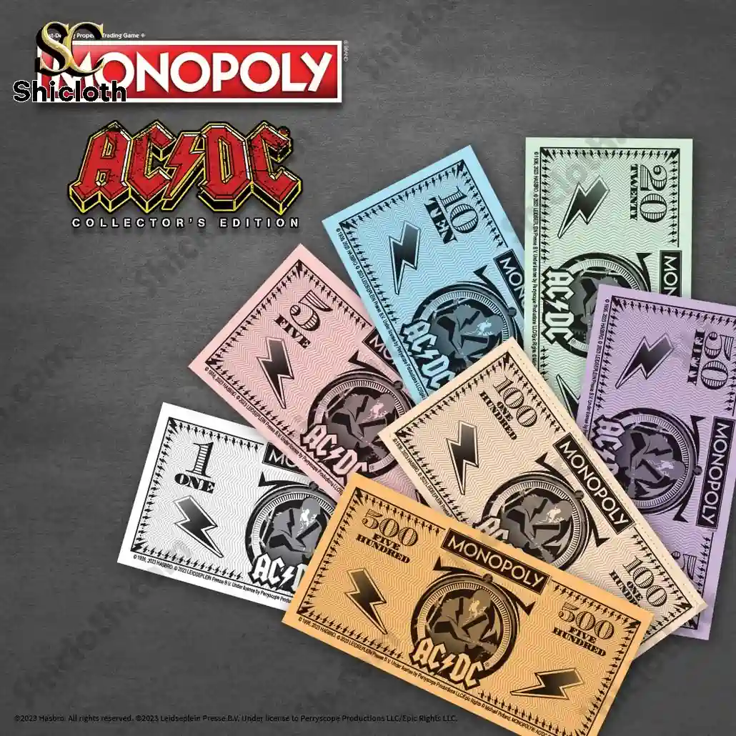 ACDC Back in Black Edition Monopoly Game 5 ACDC Monopoly themed money bills in multiple colors and denominations