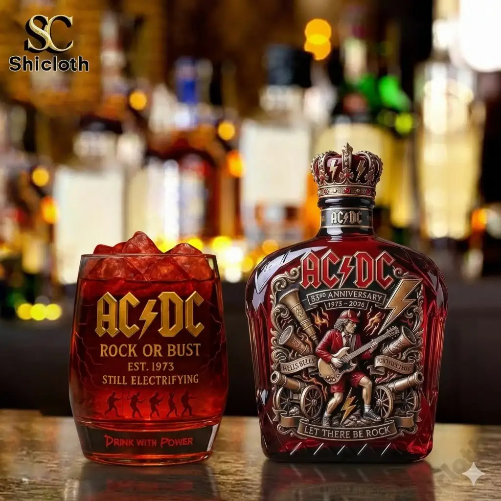 ACDC themed whiskey bottle and glass on bar table!