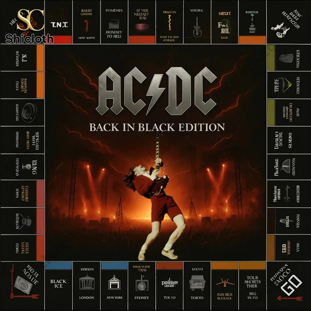 ACDC Heavy Metal Band Monopoly Board Game 3 ACDC Back In Black Edition Monopoly board layout with themed spaces