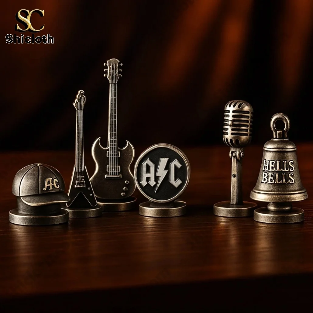 ACDC Heavy Metal Band Monopoly Board Game 4 ACDC Monopoly game tokens shaped like guitar microphone and Hells Bells bell