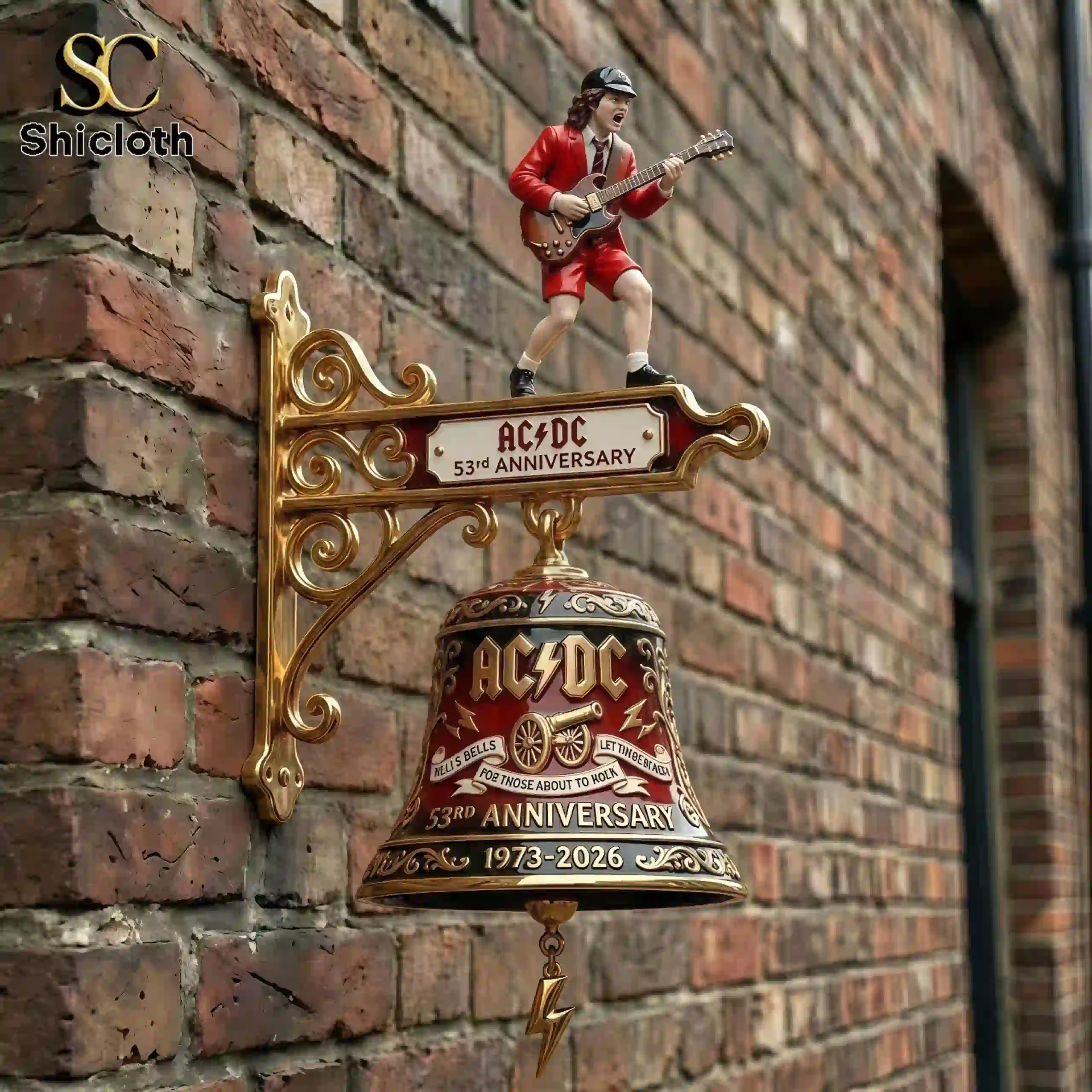AC DC 53rd Anniversary commemorative wall bell mounted on brick wall!