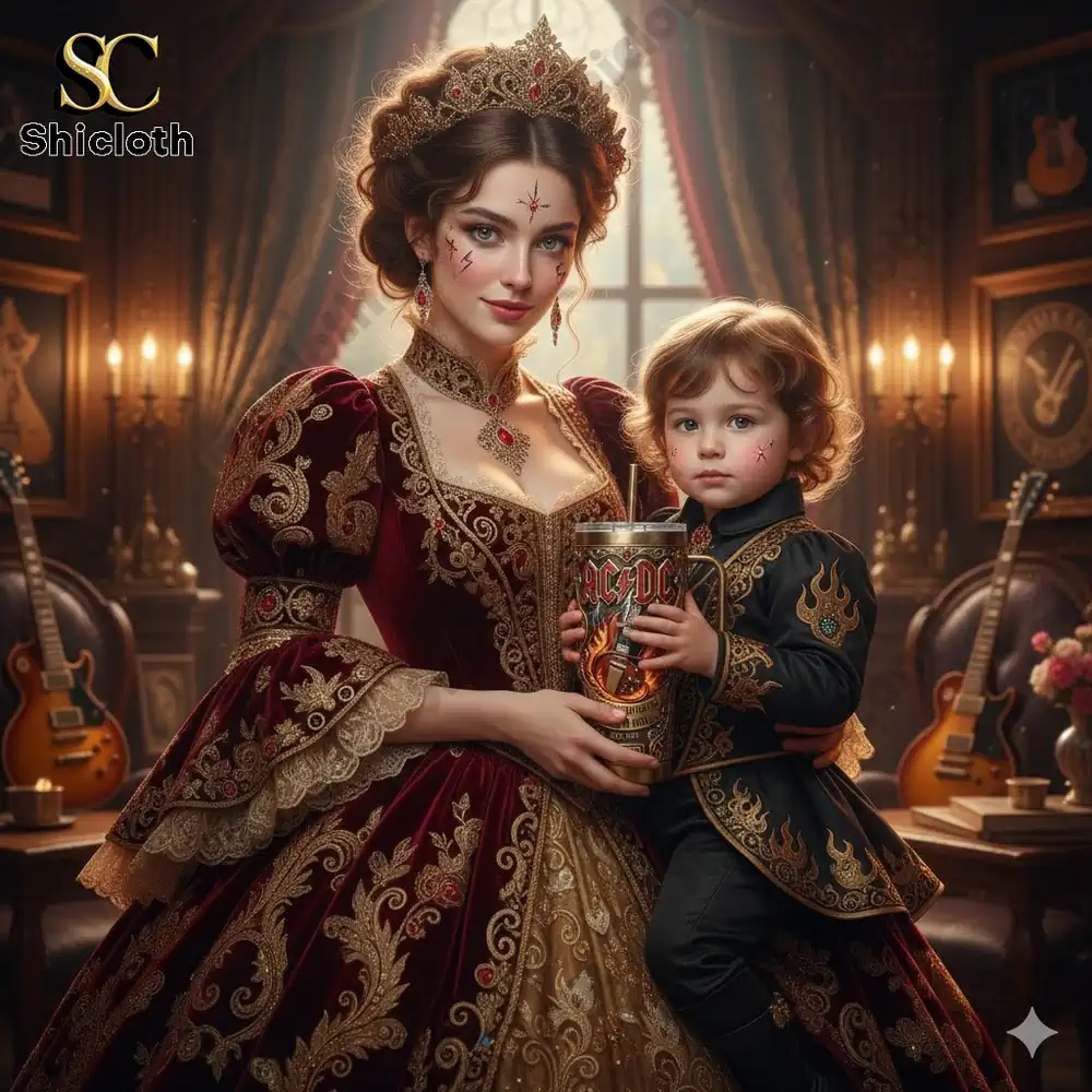 Queen styled woman holding child with AC DC themed metal mug in royal room!