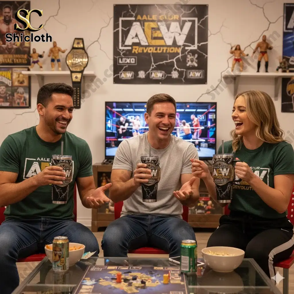 Three friends watching wrestling and holding AEW Revolution tumblers by Shiclothg!