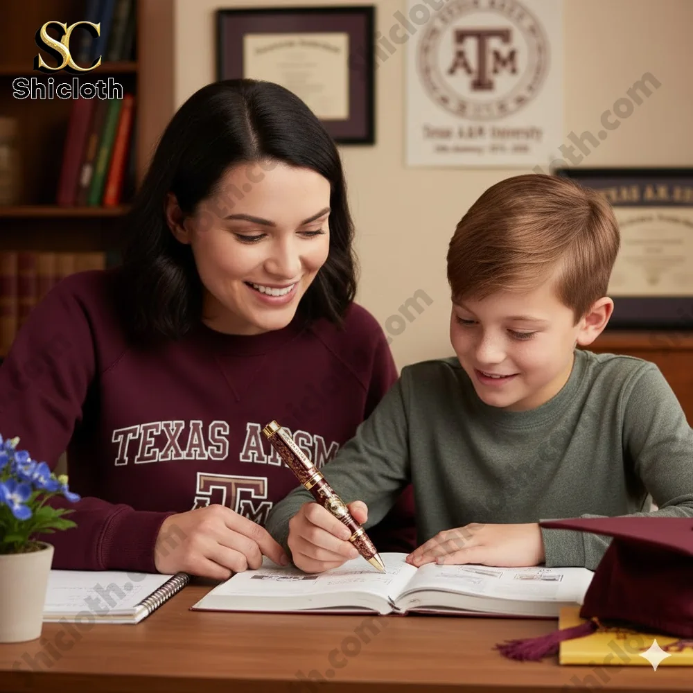 Mike Garage Built Not Bought Pen 94 Woman helps boy write with themed pen on a desk!