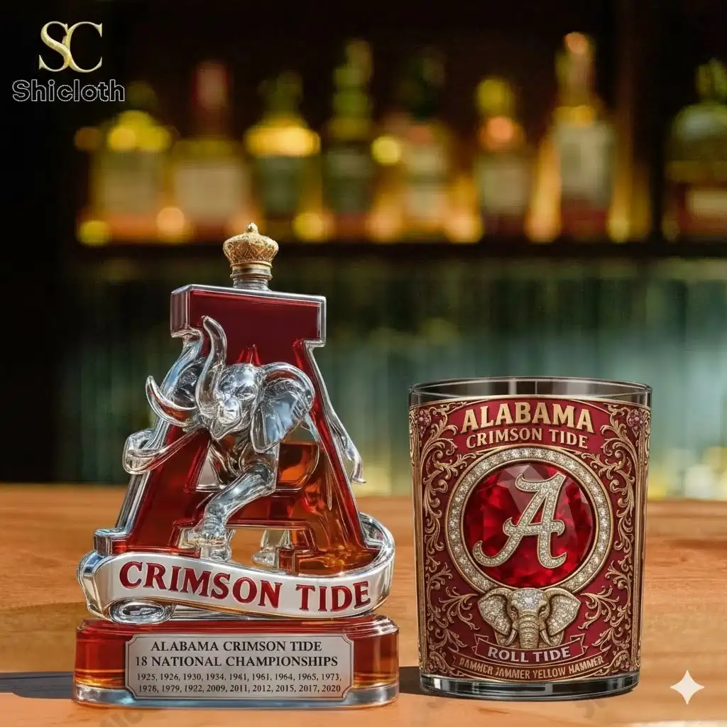 Alabama Crimson Tide elephant A shaped whiskey bottle on wooden bar!