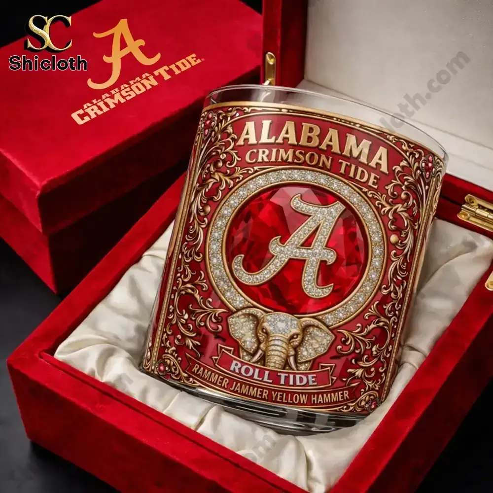 Alabama Crimson Tide 18x National Champs Whiskey Bottle And Glass Combo Set 3 Alabama Crimson Tide decorated whiskey glass in red gift box!