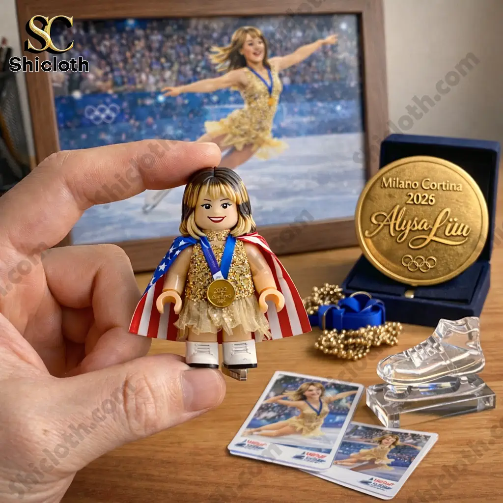 Close up of Alysa Liu 2026 Gold Medal Edition USA figure with medal and skating accessories from Shicloth shop!