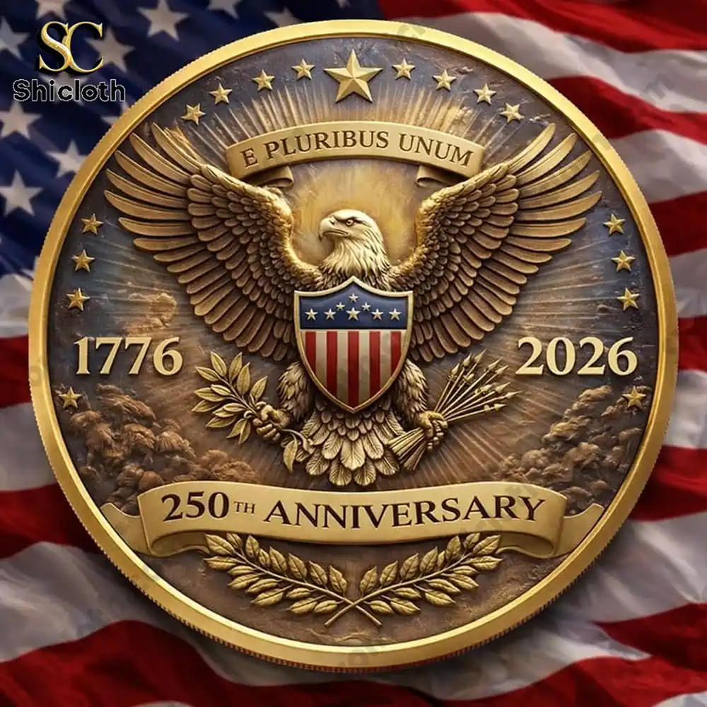 American 250th anniversary commemorative coin with eagle emblem E Pluribus Unum and years 1776 2026.