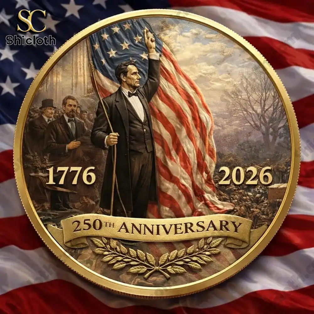 American 250th anniversary commemorative coin showing Abraham Lincoln holding a US flag with 1776 and 2026.
