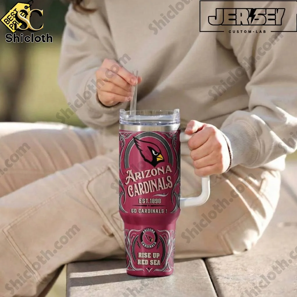 Close up of Arizona Cardinals Rise Up Red Sea Special YETI Tumbler held outdoors!