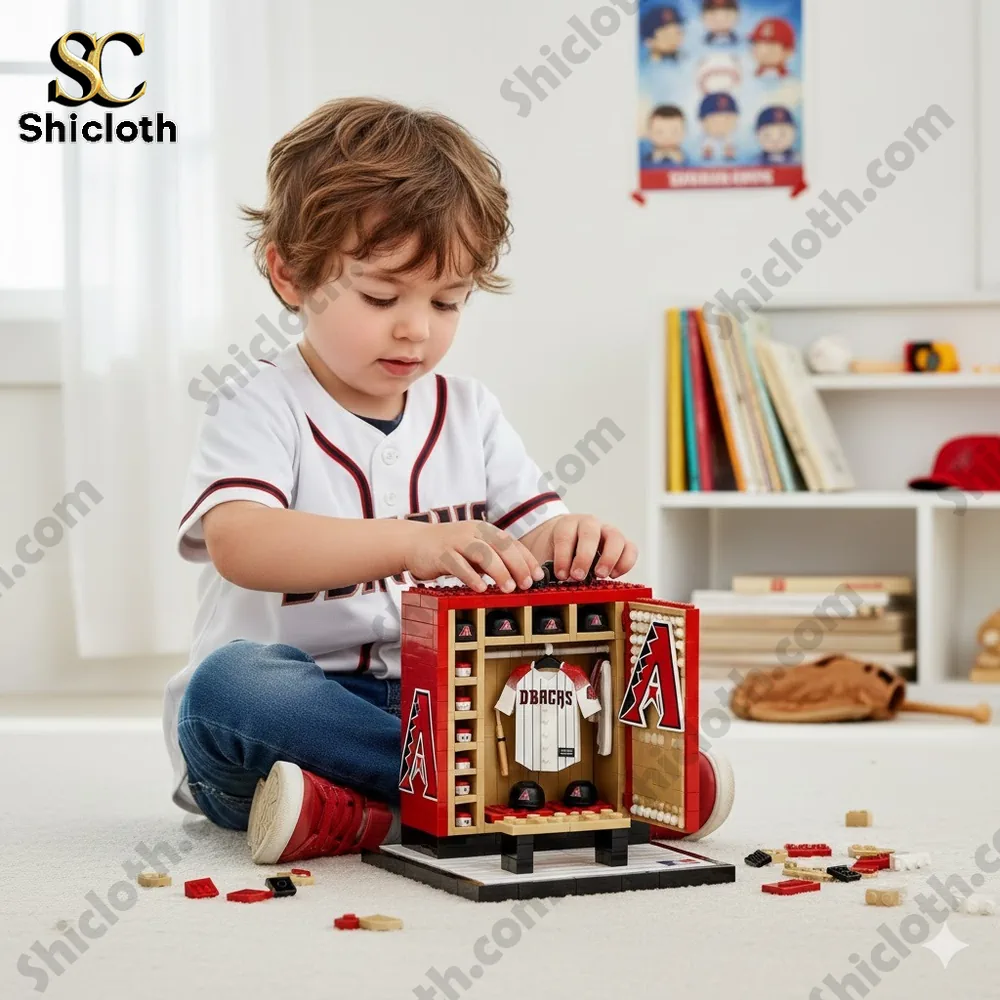 Child playing with brick baseball locker set!