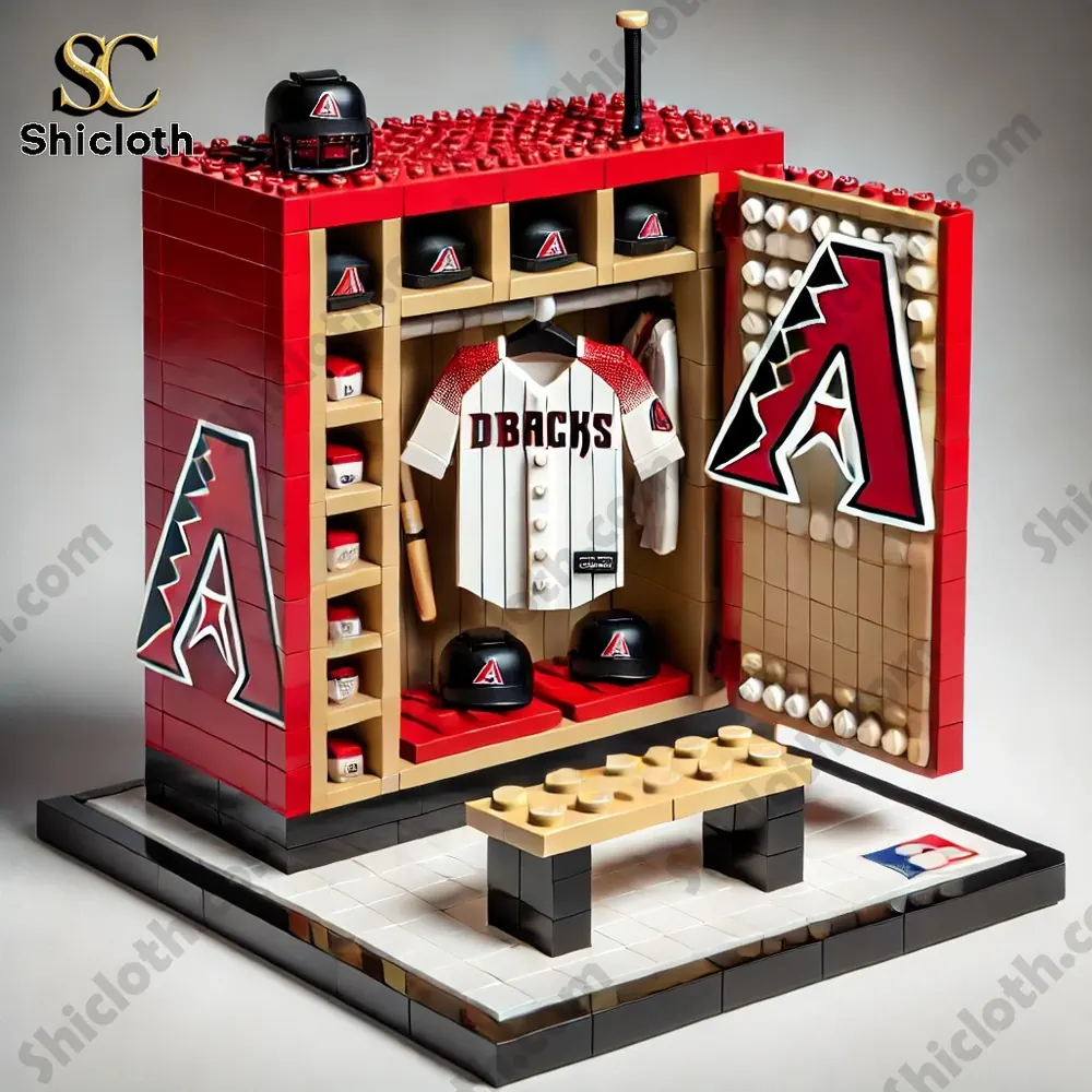 Brick baseball locker display with uniform and helmets!