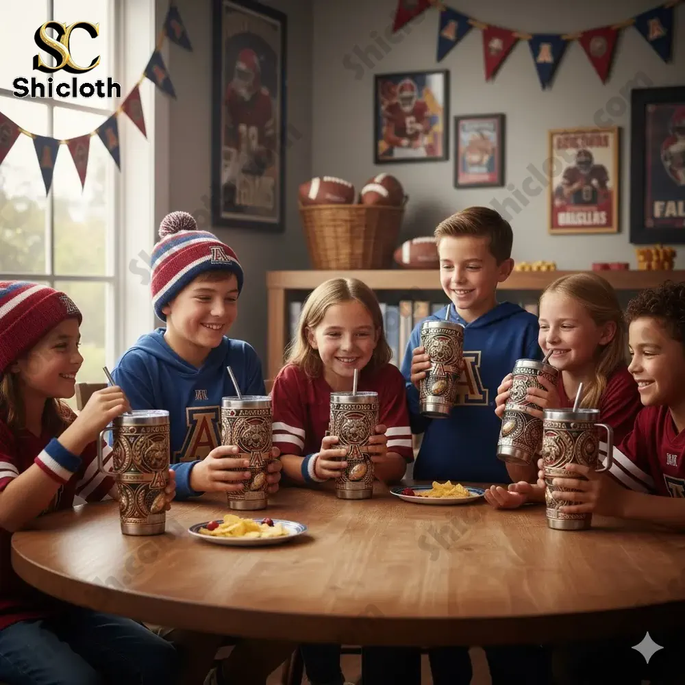 Kids enjoying Arizona Wildcats tumblers at a table!