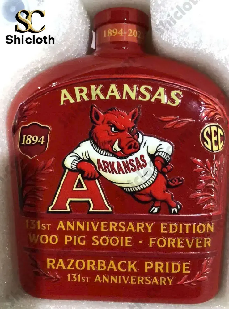 Arkansas Razorbacks anniversary bottle packed in white foam protective box.